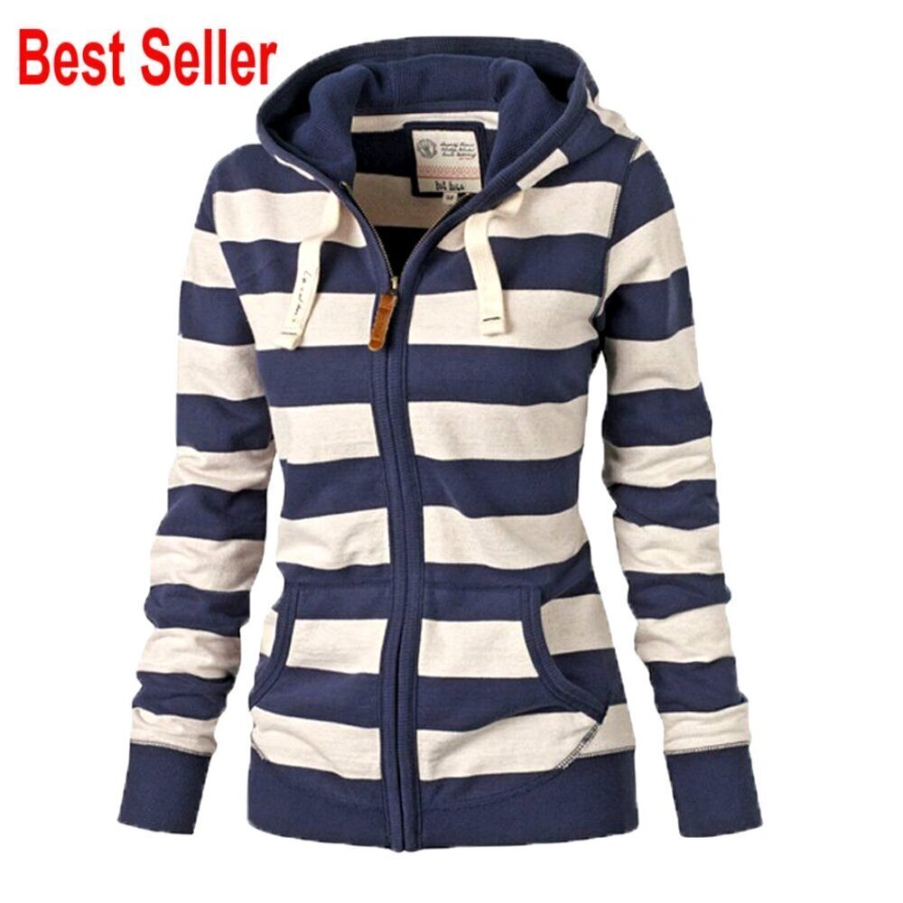 Cotton Blend Striped Hoodie Jacket Casual Spring Outerwear Women's Size